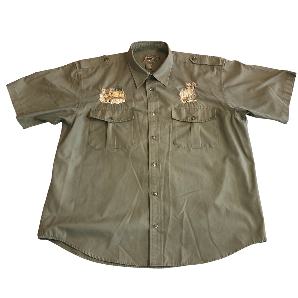 Cabelas Safari Series Mens XL Green Embroidered‎ Ram Mountain Lion S/S Shirt